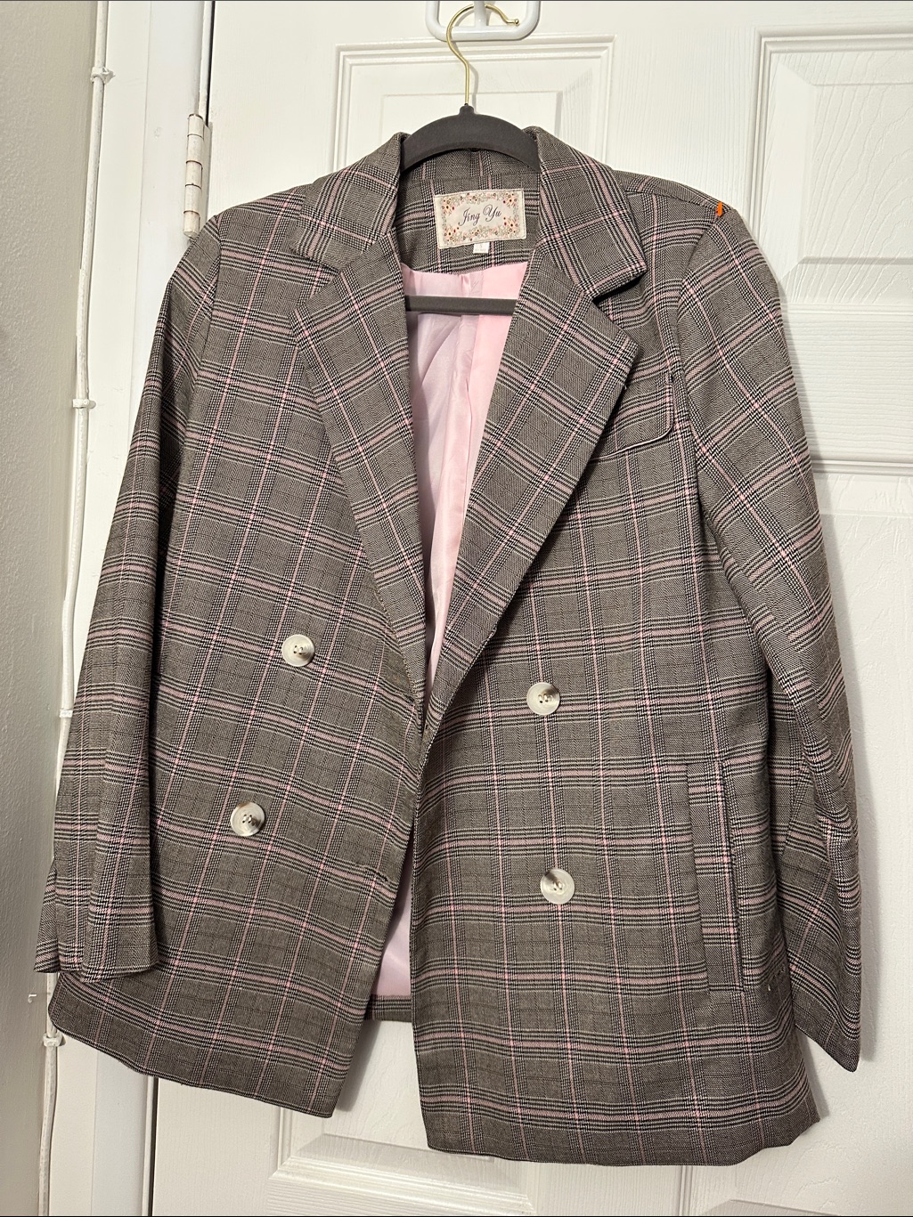 Double-Breasted Gray Plaid Blazer With Pink Accents